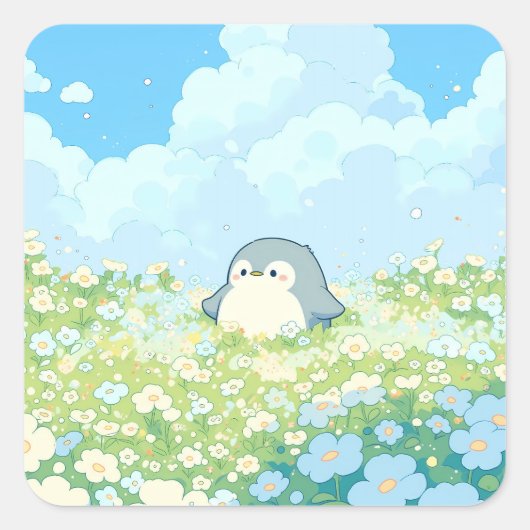 Cute Penguin in Blue Spring Meadow Quadratischer Aufkleber (Vorderseite)