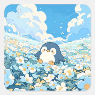 Cute Penguin in Blue Wildflower Field Quadratischer Aufkleber