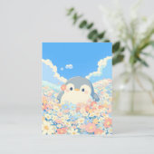 Cute Penguin in Colorful Spring Meadow Postkarte (Stehend Vorderseite)