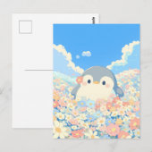 Cute Penguin in Colorful Spring Meadow Postkarte (Vorne/Hinten)