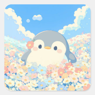 Cute Penguin in Colorful Spring Meadow Quadratischer Aufkleber