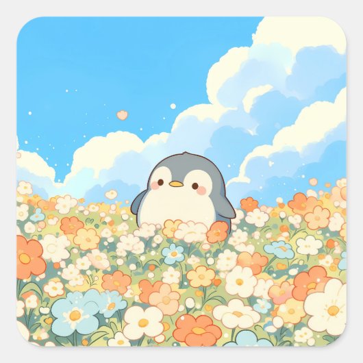 Cute Penguin in Colorful Wildflower Meadow Quadratischer Aufkleber (Vorderseite)