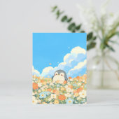 Cute Penguin in Orange Flower Meadow Postkarte (Stehend Vorderseite)