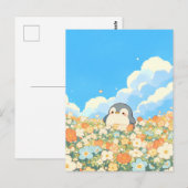 Cute Penguin in Orange Flower Meadow Postkarte (Vorne/Hinten)
