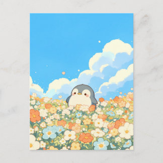 Cute Penguin in Orange Flower Meadow Postkarte