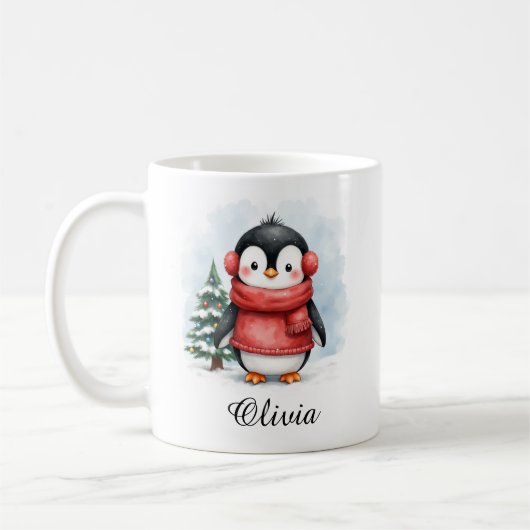 Cute Penguin in Sweater Custom Name Mug Kaffeetasse (Links)