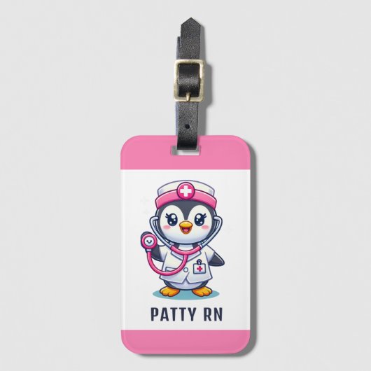 Cute Penguin Nurse Pink Stethoscope Custom Gepäckanhänger (Vorderseite Vertikal)