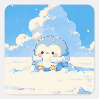 Cute Penguin Playing in Winter Snow Quadratischer Aufkleber