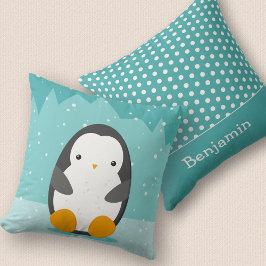 Cute Penguin Winter Cartoon and Name Blue 2-sided  Kissen