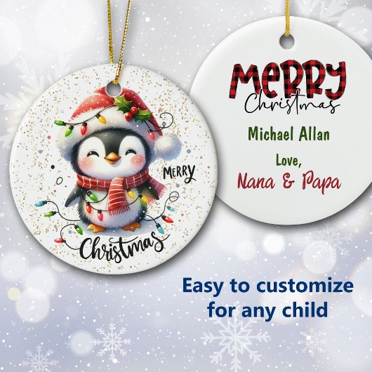 Cute Penguin Wrapped in Lights Kid's Christmas Keramik Ornament