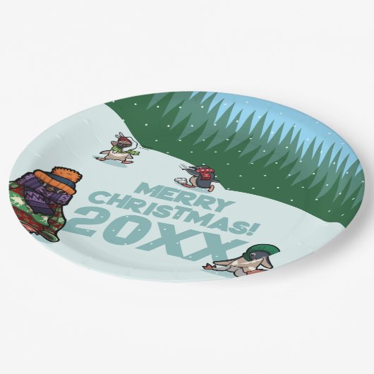 Cute Penguins Add The Year Merry Christmas! Winter Pappteller (Schrägansicht)