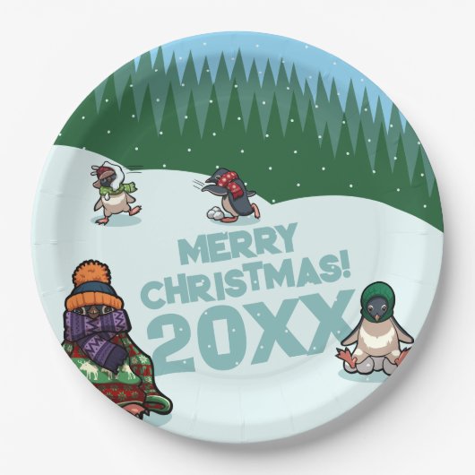 Cute Penguins Add The Year Merry Christmas! Winter Pappteller (Vorderseite)