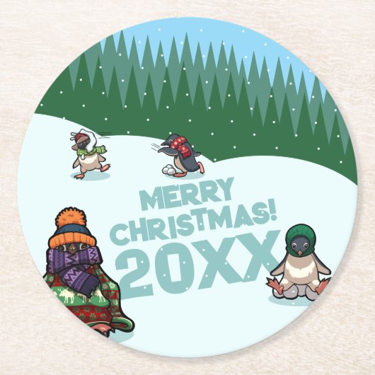 Cute Penguins Add The Year Merry Christmas! Winter Runder Pappuntersetzer (Vorderseite)