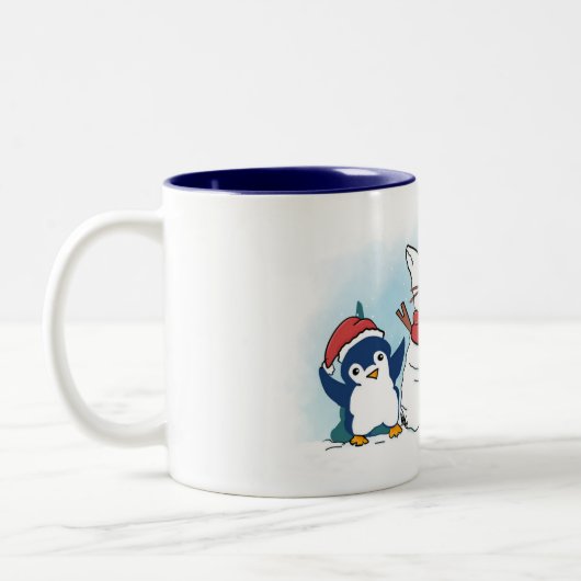 Cute Penguins building a Christmas Snowcat Zweifarbige Tasse (Links)