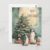 Cute penguins decorates Christmas tree, Christmas  Postkarte (Vorne/Hinten)