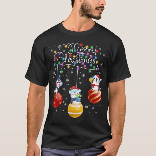 Cute Penguins Merry Christmas Lights Ornaments Bal T-Shirt (Vorderseite)