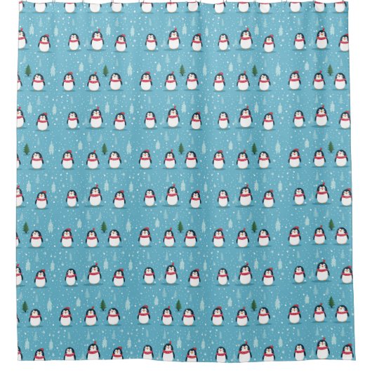 Cute Penguins on Light Blue with Snowflakes Duschvorhang (Vorderseite)