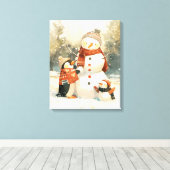 Cute Penguins & Snowman – Cozy Winter Watercolor Leinwanddruck (Insitu (Holzboden))