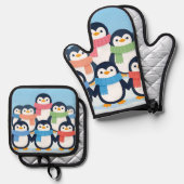 Cute Penguins Winter Scarves Group Hug Ofenhandschuh & Topflappen-Set (Vorderseite/Rückseite)