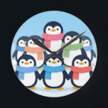Cute Penguins Winter Scarves Group Hug Runde Wanduhr<br><div class="desc">Adorable gang of cheerful cartoon penguins wrapped in colorful cozy scarves,  huddling together on a snowy blue background. Sweet,  heartwarming and playful,  this charming winter scene radiates joy and friendship.</div>