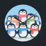 Cute Penguins Winter Scarves Group Hug Runde Wanduhr<br><div class="desc">Adorable gang of cheerful cartoon penguins wrapped in colorful cozy scarves,  huddling together on a snowy blue background. Sweet,  heartwarming and playful,  this charming winter scene radiates joy and friendship.</div>