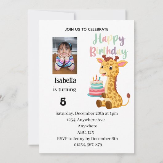 Cute Personalised Giraffe Birthday Party Einladung (Vorderseite)