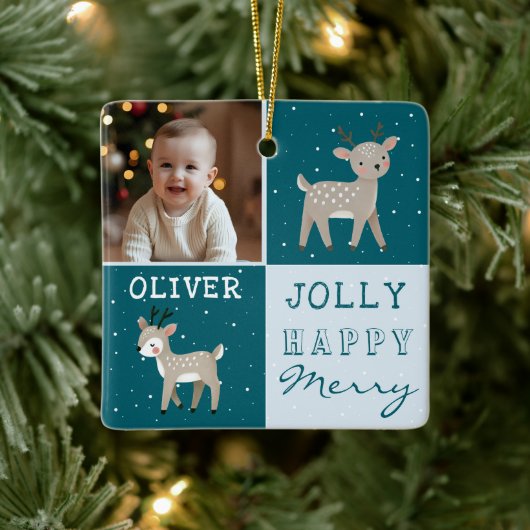 Cute Personalized Baby Photo Reindeer Christmas Keramikornament (Baum)