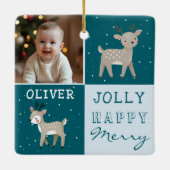 Cute Personalized Baby Photo Reindeer Christmas Keramikornament (Rückseite)