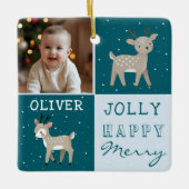 Cute Personalized Baby Photo Reindeer Christmas Keramikornament (Vorderseite)