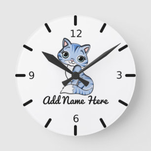 Cute Personalized Blue Kitten Large Clock Runde Wanduhr