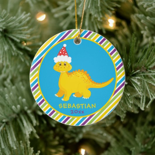 Cute Personalized Christmas Dinosaur Striped Keramik Ornament (Baum)
