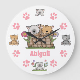 Cute Personalized Kittens, Cats and Paw Prints Große Wanduhr