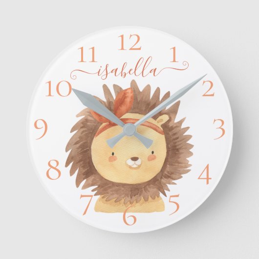 Cute Personalized Watercolor Lion Baby Nursery Kid Runde Wanduhr (Vorderseite)