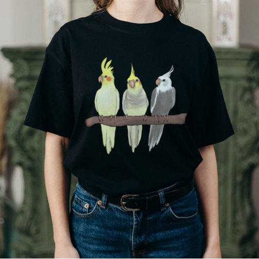 Cute Pet Cockatiels Flock on Perch Bird Lover T-Shirt
