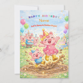 Cute Pig Golden Boots Muddy Puddle Party Kids Einladung