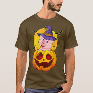 Cute Pig Witch Hat In Pumpkin Butterfly Halloween T-Shirt