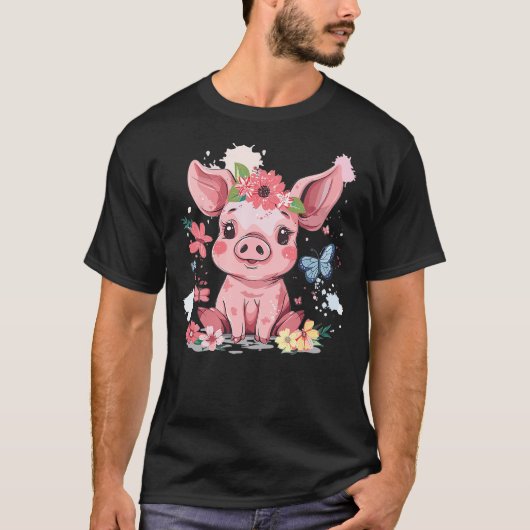 Cute Pig With Flowers I Kids Pig T-Shirt (Vorderseite)