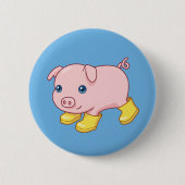 Cute Piglet Pig in Yellow Rubber Boots Blue Button (Vorderseite)
