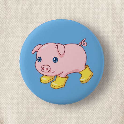 Cute Piglet Pig in Yellow Rubber Boots Blue Button