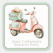 Cute Pink and Aqua Coastal Scooter Quadratischer Aufkleber (Vorderseite)