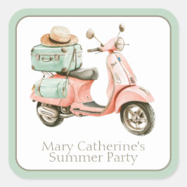 Cute Pink and Aqua Coastal Scooter Quadratischer Aufkleber