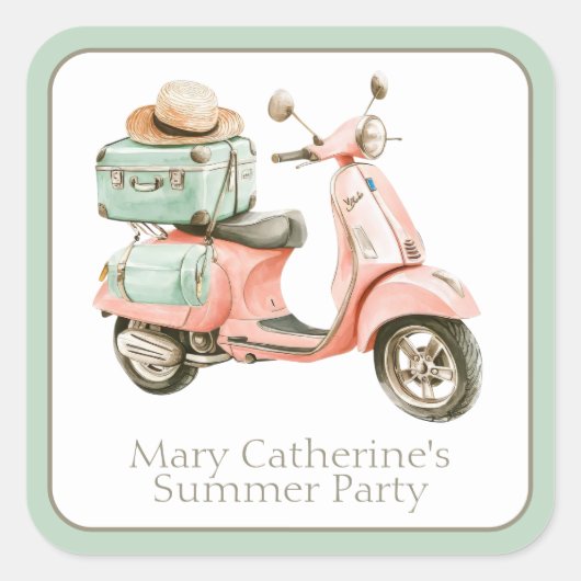 Cute Pink and Aqua Coastal Scooter Quadratischer Aufkleber (Vorderseite)
