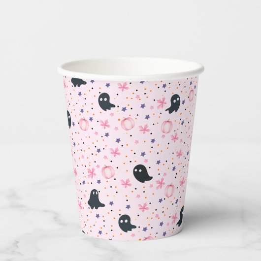 Cute Pink and Black Sweet Spooky Ghost Halloween Pappbecher (Rückseite)