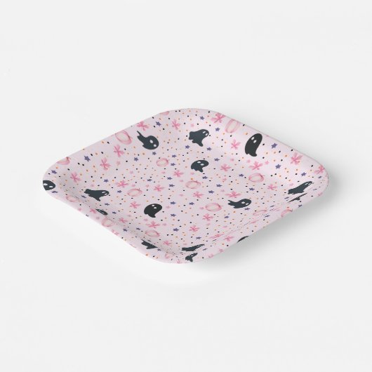 Cute Pink and Black Sweet Spooky Ghost Halloween Pappteller (Gewinkelt)