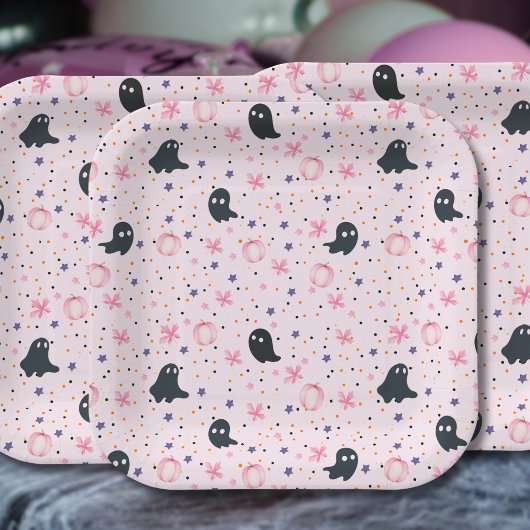 Cute Pink and Black Sweet Spooky Ghost Halloween Pappteller