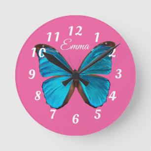 Cute Pink and Blue Butterfly Personalized Runde Wanduhr