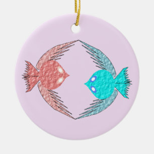 Cute Pink and Blue Love Birds Keramik Ornament