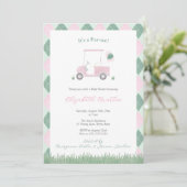 Cute Pink And Green Golf Theme Baby Girl Shower Einladung (Stehend Vorderseite)