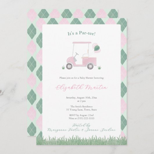 Cute Pink And Green Golf Theme Baby Girl Shower Einladung (Vorne/Hinten)