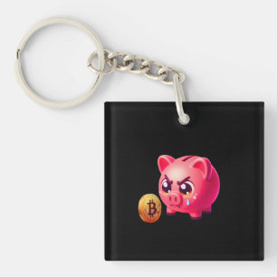 Cute Pink Angry Piggy Bank Holding Gold Bitcoin Co Schlüsselanhänger